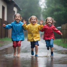 Joyful children playing in a heavy rain. They are jumping in puddles, their clothes completely soaked, with big smiles on their faces as raindrops splash around them.