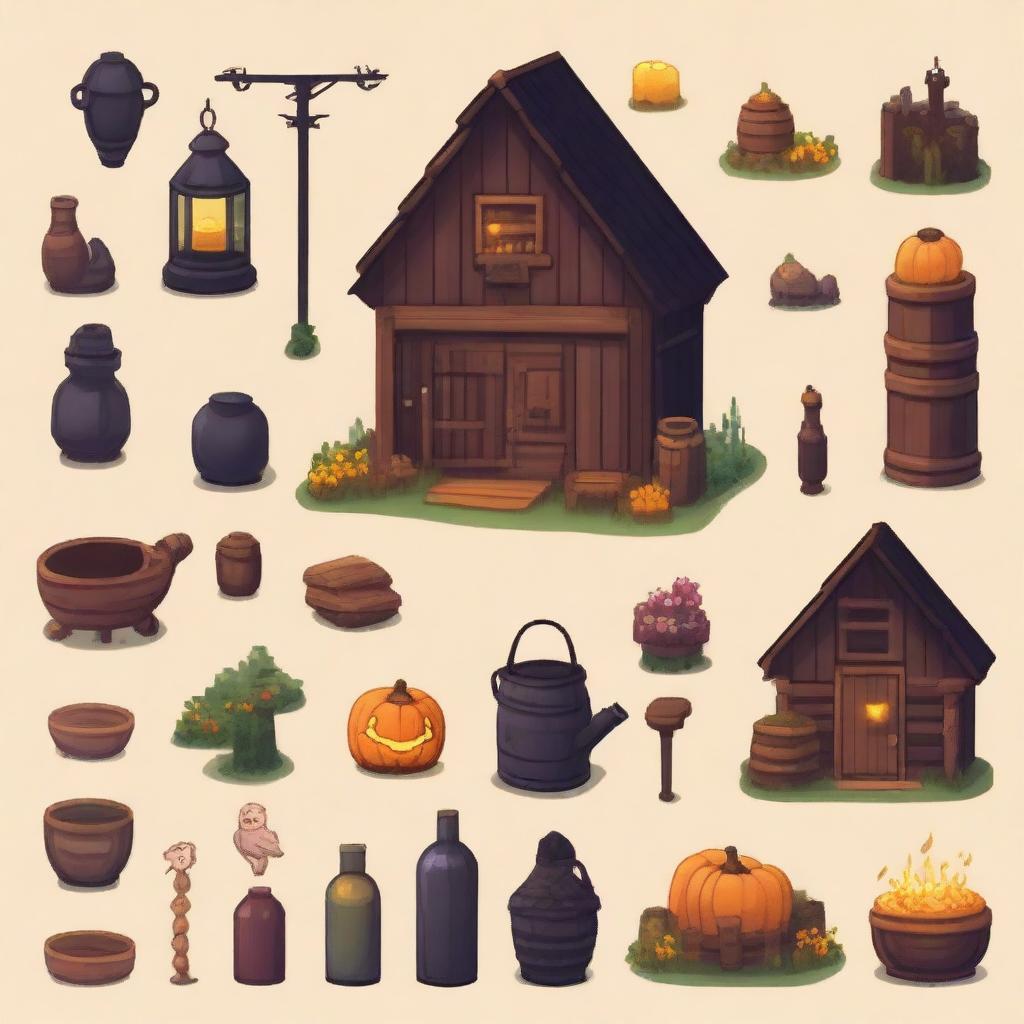 Dark-themed items in the style of Stardew Valley