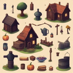 Dark-themed items in the style of Stardew Valley