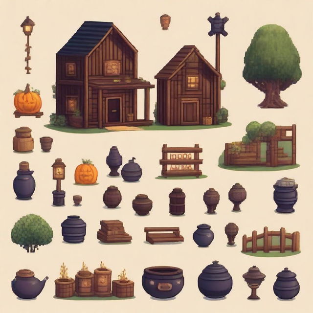 Dark-themed items in the style of Stardew Valley