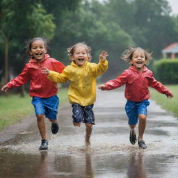 Joyful children playing in a heavy rain. They are jumping in puddles, their clothes completely soaked, with big smiles on their faces as raindrops splash around them.