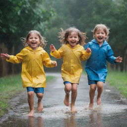 Joyful children playing in a heavy rain. They are jumping in puddles, their clothes completely soaked, with big smiles on their faces as raindrops splash around them.