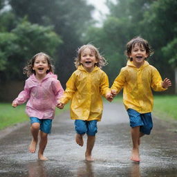 Joyful children playing in a heavy rain. They are jumping in puddles, their clothes completely soaked, with big smiles on their faces as raindrops splash around them.