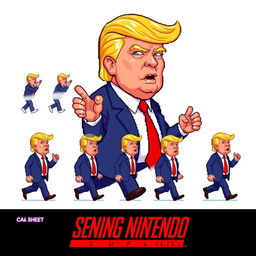 Create a sprite sheet of Donald Trump in the style of SNES pixel art