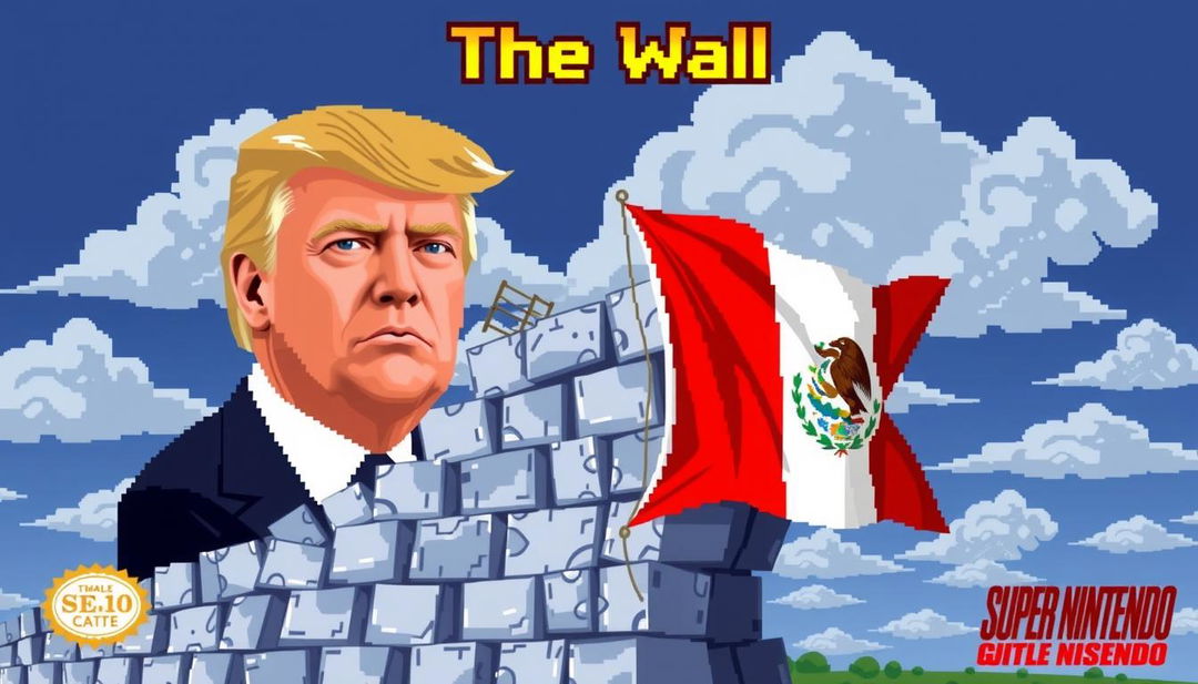 Design a SNES game cover titled 'The Wall' in pixel art style, featuring Donald Trump on the left, Mexico on the right, separated by a wall