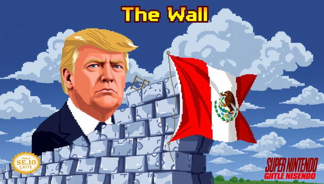 Design a SNES game cover titled 'The Wall' in pixel art style, featuring Donald Trump on the left, Mexico on the right, separated by a wall