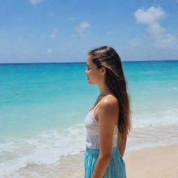 A girl named Isabella gazing upon the sea at Playa del Carmen with a backdrop of clear blue sky and sparkling turquoise water.