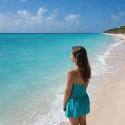 A girl named Isabella gazing upon the sea at Playa del Carmen with a backdrop of clear blue sky and sparkling turquoise water.