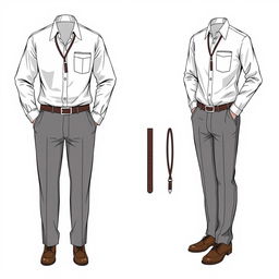 A detailed illustration of a professional work uniform, including a collared shirt, slacks, and polished shoes