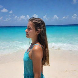 A girl named Isabella gazing upon the sea at Playa del Carmen with a backdrop of clear blue sky and sparkling turquoise water.