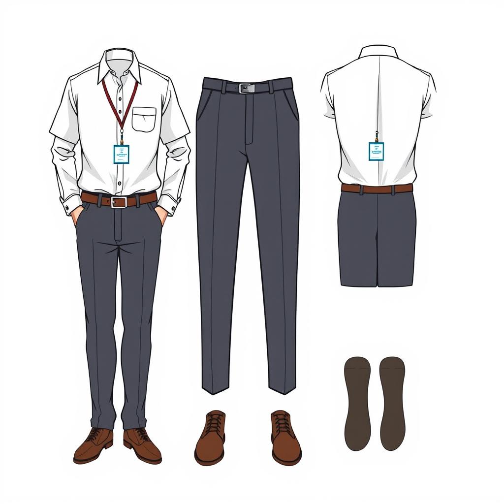 A detailed illustration of a professional work uniform, including a collared shirt, slacks, and polished shoes