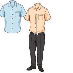 A detailed illustration of a professional work uniform, including a collared shirt, slacks, and polished shoes