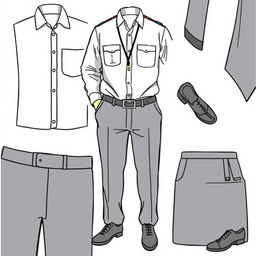 A detailed illustration of a professional work uniform, including a collared shirt, slacks, and polished shoes