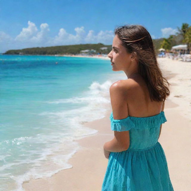 A girl named Isabella gazing upon the sea at Playa del Carmen with a backdrop of clear blue sky and sparkling turquoise water.