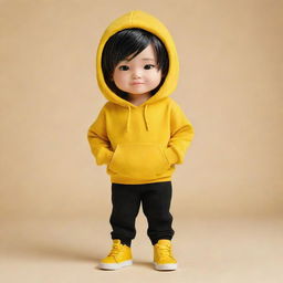 Chibi style boy dressed in a vibrant yellow hoodie, black pants, and matching yellow shoes