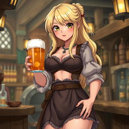 An illustration of a barmaid in a medieval fantasy setting, featuring highly detailed and lifelike textures