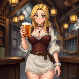 An illustration of a barmaid in a medieval fantasy setting, featuring highly detailed and lifelike textures