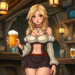 An illustration of a barmaid in a medieval fantasy setting, featuring highly detailed and lifelike textures