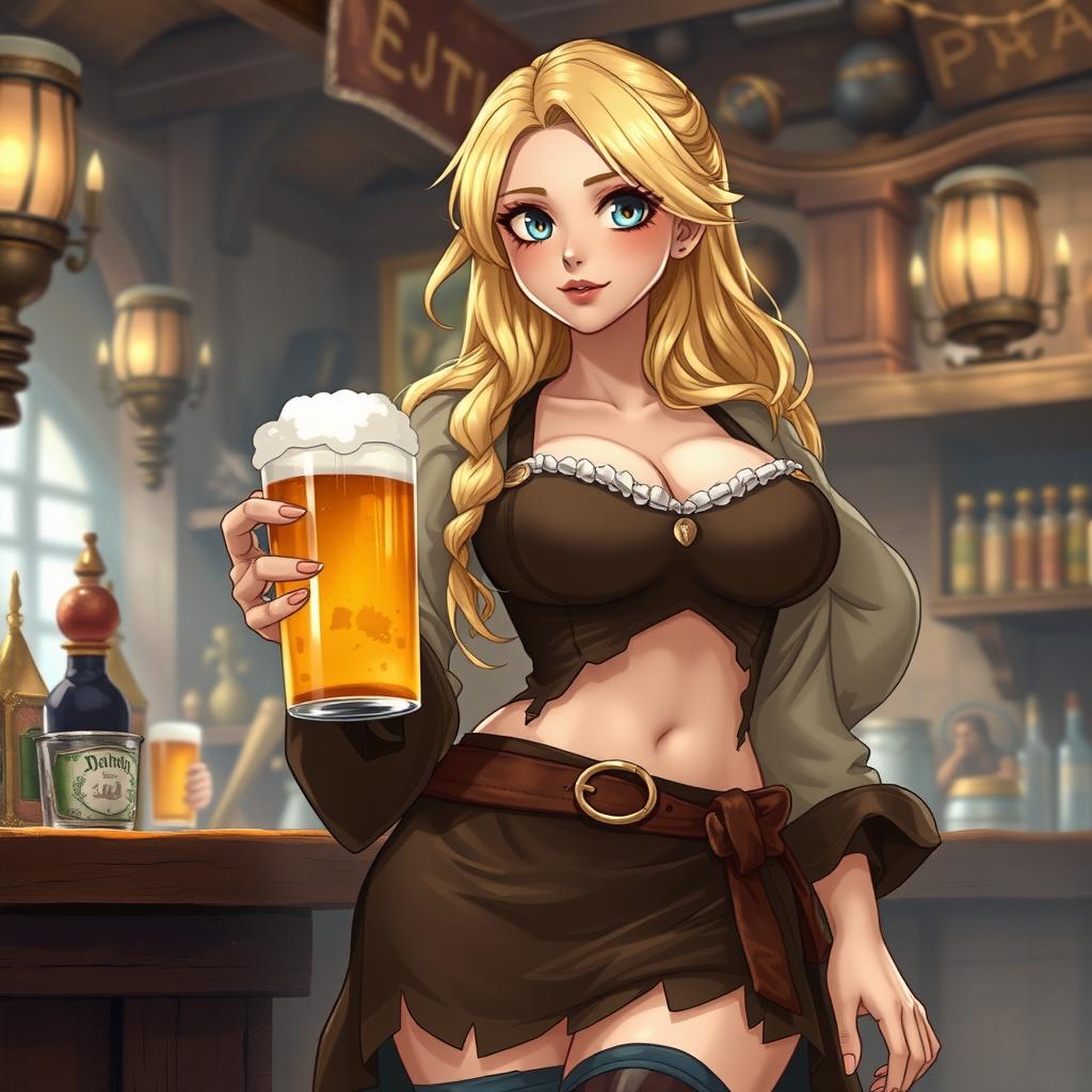 An illustration of a barmaid in a medieval fantasy setting, featuring highly detailed and lifelike textures