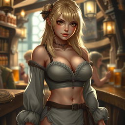 An illustration of a barmaid in a medieval fantasy setting, showcasing highly detailed and lifelike textures