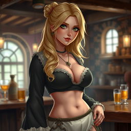 An illustration of a barmaid in a medieval fantasy setting, showcasing highly detailed and lifelike textures