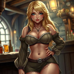 An illustration of a barmaid in a medieval fantasy setting, showcasing highly detailed and lifelike textures