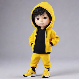 Chibi style boy dressed in a vibrant yellow hoodie, black pants, and matching yellow shoes