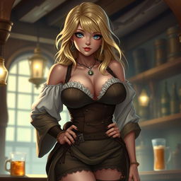 An illustration of a barmaid in a medieval fantasy setting, showcasing highly detailed and lifelike textures