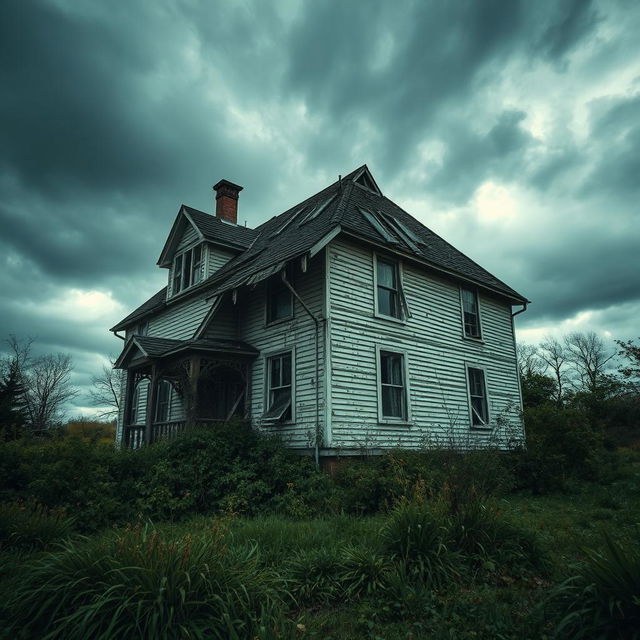 A dilapidated house with broken windows and a collapsing roof, surrounded by an overgrown garden