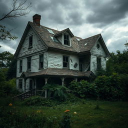 A dilapidated house with broken windows and a collapsing roof, surrounded by an overgrown garden