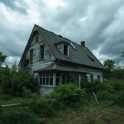 A dilapidated house with broken windows and a collapsing roof, surrounded by an overgrown garden