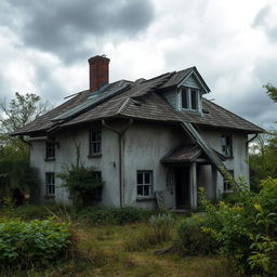 A dilapidated house with broken windows and a collapsing roof, surrounded by an overgrown garden