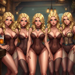 An illustration of five barmaids in a medieval fantasy setting, showcasing highly detailed and lifelike textures