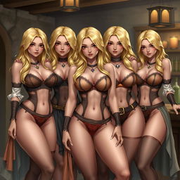 An illustration of five barmaids in a medieval fantasy setting, showcasing highly detailed and lifelike textures