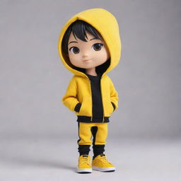 Chibi style boy dressed in a vibrant yellow hoodie, black pants, and matching yellow shoes