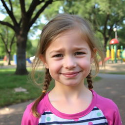 A young girl with a forced, fake smile on her face