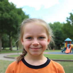 A young girl with a forced, fake smile on her face