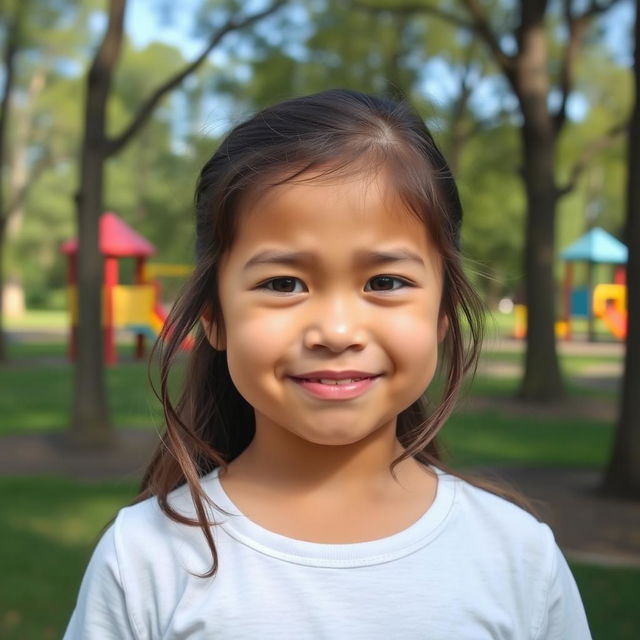 A young girl with a forced, fake smile on her face