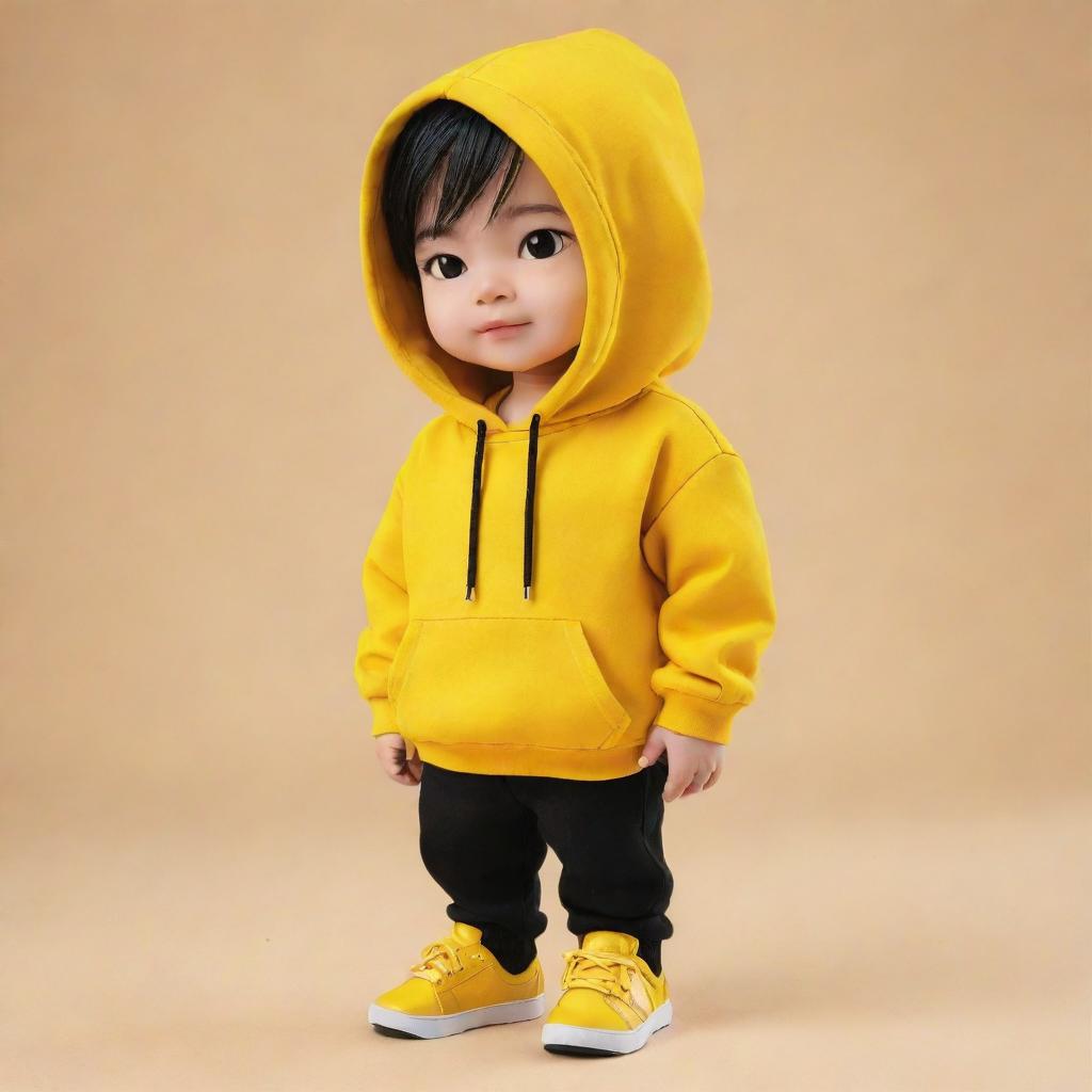 Chibi style boy dressed in a vibrant yellow hoodie, black pants, and matching yellow shoes