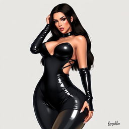 A detailed digital illustration of Kim Kardashian wearing a stylish latex outfit