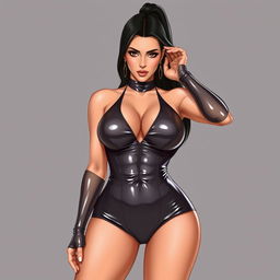 A detailed digital illustration of Kim Kardashian wearing a stylish latex outfit