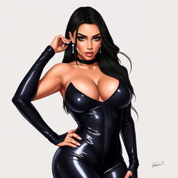 A detailed digital illustration of Kim Kardashian wearing a stylish latex outfit