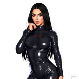 A detailed digital illustration of Kim Kardashian wearing a stylish latex outfit