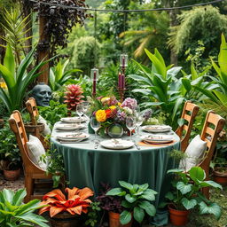 A vibrant and inviting image showcasing a beautifully set dining table outdoors, surrounded by lush greenery and various unconventional edible plants