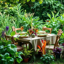 A vibrant and inviting image showcasing a beautifully set dining table outdoors, surrounded by lush greenery and various unconventional edible plants