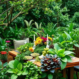 A vibrant and inviting image showcasing a beautifully set dining table outdoors, surrounded by lush greenery and various unconventional edible plants