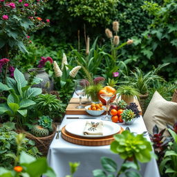 A vibrant and inviting image showcasing a beautifully set dining table outdoors, surrounded by lush greenery and various unconventional edible plants