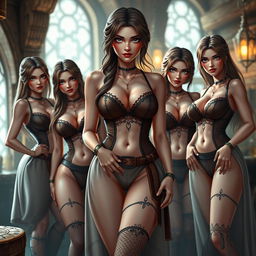 A photo-realistic illustration of five barmaids in a medieval fantasy setting, featuring highly detailed and lifelike textures