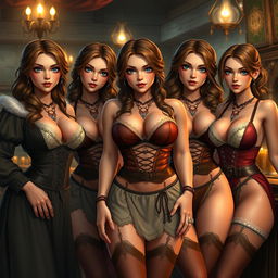 A photo-realistic illustration of five barmaids in a medieval fantasy setting, featuring highly detailed and lifelike textures