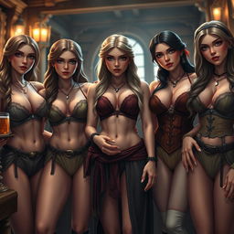 A photo-realistic illustration of five barmaids in a medieval fantasy setting, featuring highly detailed and lifelike textures